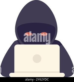 Hacker in einer schwarzen Kapuze, die einen Laptop benutzt, um Benutzerdaten zu stehlen Stock Vektor