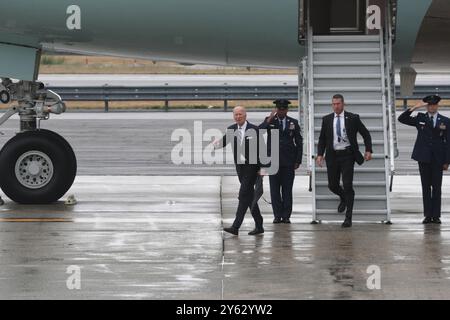 New York, USA, 23. September 2024: Präsident Joe Biden kommt an Bord der Air Force One in New York an und fährt mit Marine One ab. Foto: Giada Papini Rampelotto/EuropaNewswire Stockfoto