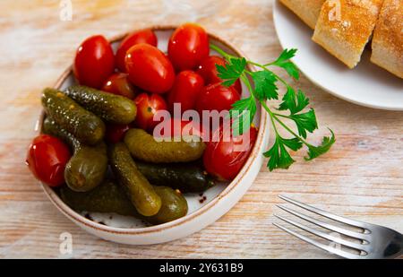Portion eingelegte Tomaten und Gurken Stockfoto
