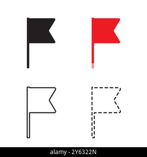 Flaggensymbolgruppe. Rote und schwarze Fahnen. Umrisse und gestrichelt. Minimale Vektorformen. Stock Vektor
