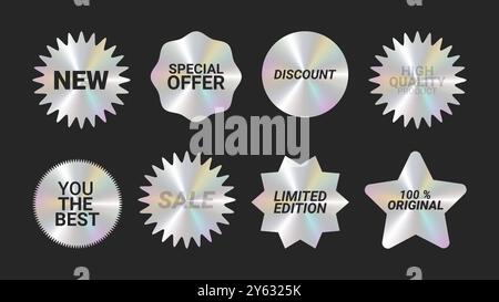 Holografische Aufkleber Logos Emblem Etiketten Farbset. Zur Verpackung von Werbematerial. Aufkleber für Kleidung oder Accessoires. Vektorabbildung. Stock Vektor