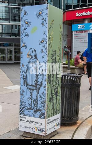 Das Wandbild des Jahres der Künste eines Papageientauchers in Pullover an der Water Street im Stadtzentrum von St. John's, Neufundland & Labrador, Kanada Stockfoto