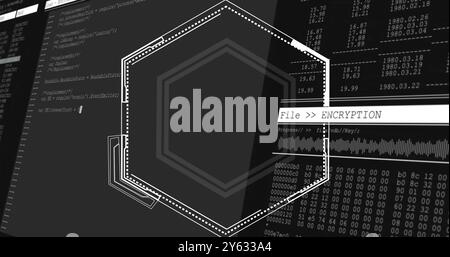 Textbild für die Dateiverschlüsselung über hexagonalen Formen und Hintergrund für Binärcode Stockfoto