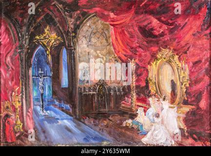 Schlafzimmer von Marina Mnis. Bühnengestaltung für die Oper Boris Godunov von M. Mussorgsky. Museum: Bolschoi Theater Museum, Moskau. Autor: Fjodor Fjodorowitsch Fedorowski. Stockfoto