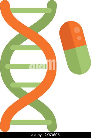 Flaches Vektorsymbol der dna-Doppelhelixstruktur in Kombination mit medizinischer Pille, repräsentiert Gentechnik und Gentherapie Stock Vektor