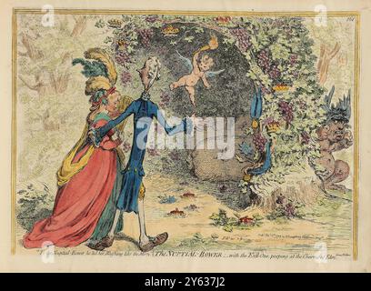 Die Hochzeitsschleife mit dem Bösen, die auf die Reize von Eden blickt. Museum: PRIVATE SAMMLUNG. Autor: JAMES GILLRAY. Stockfoto