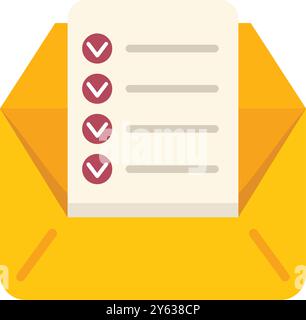 Ein geöffneter gelber Umschlag, der eine Checkliste mit markierten Kontrollkästchen enthält, stellt das Senden wichtiger Dokumente oder Informationen dar Stock Vektor