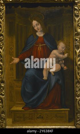 Pseudo Boltraffic. Name eines unbekannten Malers der Lombardenschule, der zwischen 1500 und 1530 in Mailand tätig war. Madonna throned with Child, 1510-1515. Öl auf Holzplatte. Pinacoteca Castello Sforzesco, Mailand, Italien. Autor: Pseudo-Boltraffic (Fl. 1500-1530). Italienischer Künstler. Stockfoto