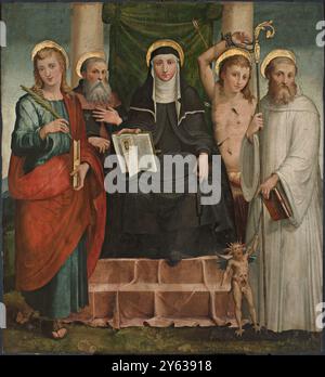 Die Heilige Scholastica thronte zwischen den Heiligen Johannes dem Evangelisten, Antonius dem Abt, Sebastian und Bernhard von Clairvaux. Museum: Fondazione Cassa di Risparmio di Cesena. Autor: Teramo Piaggio. Stockfoto