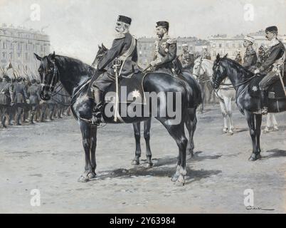 Kaiser Franz Joseph I. von Österreich mit Zar Nikolaus II. Von Russland und Gefolge bei der Parade in St. Petersburg 1897. Museum: PRIVATE SAMMLUNG. Autor: WILHELM GAUSE. Stockfoto