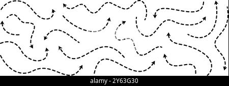 Schwarz gepunktete Pfeile gesetzt. Kollektion mit gewellten, geschwungenen und gestrichelten Pfeilen. Skizzierte Doodle dünne Zeiger und Richtungslinien. Gestreifte Designelemente mit Punktmuster für Flyer, Poster, Broschüre, Banner. Vektor Stock Vektor