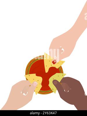 Männliche und weibliche Hände verschiedener Nationalitäten tauchen Nachos in eine Schüssel Soße. Kopierbereich. Themenkarten für isolierte Vektorillustrationen, Grußkarten, Poster, Banner, Social Media oder Web-Promos Stock Vektor