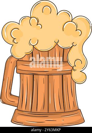 Traditioneller Bierbecher aus Holz, der mit Schaum überströmt, Vektor Stock Vektor