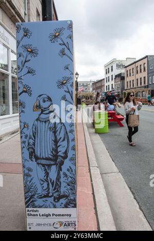 Das Wandbild des Jahres der Künste eines Papageientauchers in Pullover an der Water Street im Stadtzentrum von St. John's, Neufundland & Labrador, Kanada Stockfoto