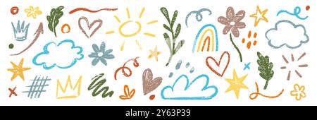 Pfeillinie Hand gezeichneter Pinsel Vektor Set. Grunge quadratisch, spiralförmig, Pfeilelement Scribble Linienpinsel handgezeichnetes Skizzendesign. Grunge abstrakte Kreide, Buntstift-Stil. Vektorabbildung Stock Vektor