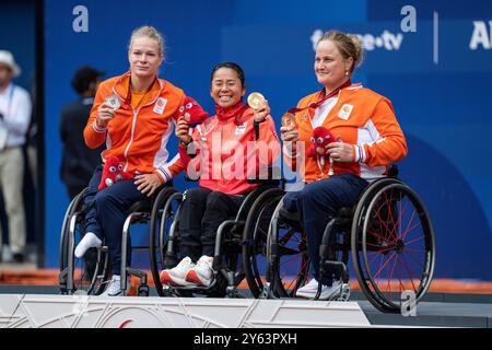 Diede de Groot aus den Niederlanden mit Silber (links), Yui Kamiji aus Japan mit Gold (Mitte), Annie van Loot aus den Niederlanden (links) während der Wome Stockfoto