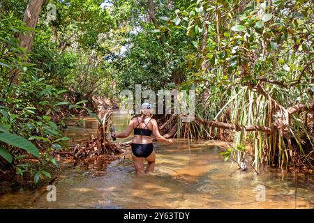 Waten durch den Bach bei Latram (Wathawuy) Stockfoto