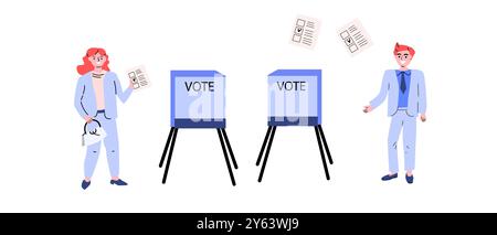 Satz von Wahlen 2024 Vektor-Illustrationen, Leute wählen in den USA. Wahlkonzeptentwurf. Kann für Banner, Poster, Flyer verwendet werden. Stock Vektor