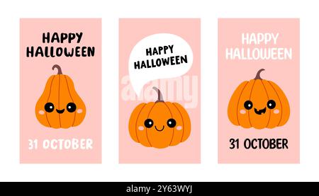 Halloween-Poster-Set in Pink. Trendiger flacher Stil und lustige Charaktere. Nettes Vektor-Poster-Set für Postkarte, Flyer, Banner Stock Vektor