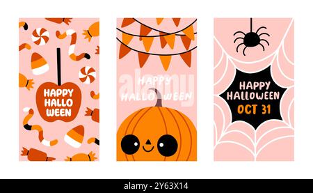 Halloween-Poster-Set in Pink. Trendiger flacher Stil und lustige Charaktere. Nettes Vektor-Poster-Set für Postkarte, Flyer, Banner Stock Vektor