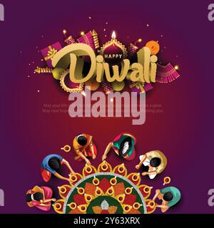 Indisches Festival Happy Diwali mit Diwali Requisiten, Feiertagshintergrund mit Crackern, Diwali Feier Grußkarte, abstrakte Vektor Illustration. Stock Vektor