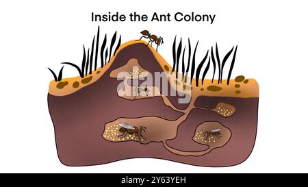 Ameisenkolonie, die unterirdisch lebt, Cartoon Ameisenkolonie am Boden, Insekten in der Ameisenhöhle bestehend aus Tunneln und Kammern, biologische Bildung, Ameisen Stockfoto