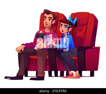 Paare sitzen in roten Kinosesseln und schauen sich Filme an. Karikaturvektor-Illustration der jungen Frau und des Mannes mit Limonade in der Hand auf Kinotheatersaalstühlen. Kinematographie-Entertainment-Zuschauer. Stock Vektor