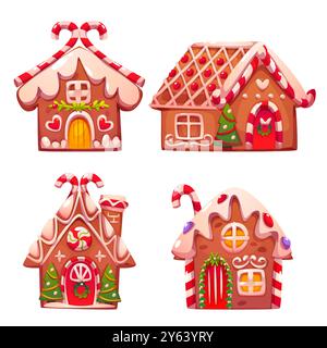 Lebkuchenhäuser auf weißem Hintergrund. Vektor-Zeichentrickillustration von traditionellem Weihnachtshonig und Zimtgebäck verzierte Zuckerrohr, süße Sahneglasur, hausgemachte Feiertagsgeschenke Stock Vektor