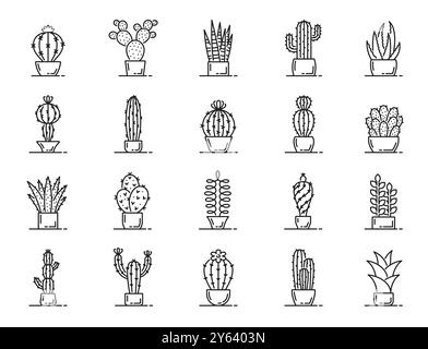 Symbole für die Sukkulenten Kaktuslinien. Vektorsatz von linear vergossenen Wüstenpflanzen wie Fass- und Feigenkaktus, sansevieria Schlangenpflanze, Saguaro und Aloe Vera. Totempfahl, Ball, Mammillaria und echeveria Stock Vektor
