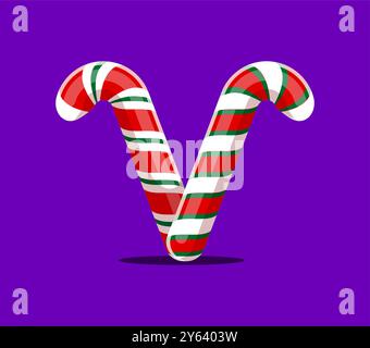 Weihnachtsschrift und Weihnachtsbuchstabe V Zuckerrohr für festliche Schrift, Cartoon-Vektor-Typ. Merry Christmas Schriftart Buchstabe V als Karamell-Zuckerrohr für Silvester-Schrift Stock Vektor