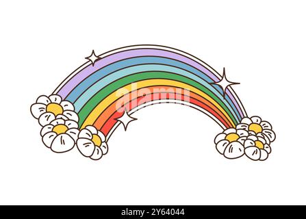 Cartoon grooviger Retro-Regenbogen mit Gänseblümchen und Weltraumgalaxie-Sternen, Vektor 70s funky Aufkleber. Grooviges Hippie-Funky-Kunstsymbol des Regenbogens mit Blumen und funkelnden Sternen für Frieden und Liebe Stock Vektor