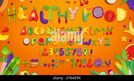 Obst- und Gemüsesorte, gesunde Schrift, Feldfrüchte-Alphabet, Sommer Schriftart von Vektorvegetarischen Lebensmitteln Buchstaben und Zahlen. Englische abc-Schriftzeichen mit frischem Gemüse und Obst Stock Vektor