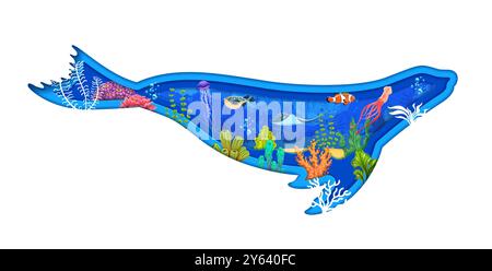 Silhouette mit Unterwasserlandschaft abdichten. 3D-Vektor-Papier geschnittener Rahmen in Form von Ozean-Tier-Körper mit Zeichentrick ruhige aquatische Vegetation und Fauna, Algen, Blasen und Fische, Tintenfisch, Stachelrochen im Meer Stock Vektor