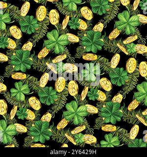 Nahtloses Muster mit grünen Tannenzweigen, Lucky Shamrock Blättern, Goldmünzen. Aquarellillustration für Neujahr, St. Patrick's Day. Vorlage für Inv Stockfoto