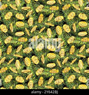 Nahtloses Muster mit grünen Tannenzweigen, Lucky Shamrock Blättern, Goldmünzen. Aquarellillustration für Neujahr, St. Patrick's Day. Vorlage für Inv Stockfoto