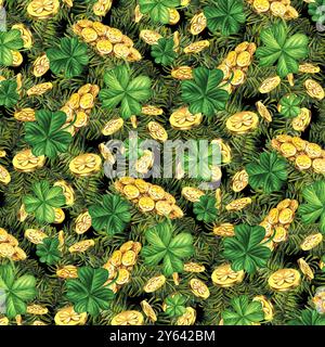 Nahtloses Muster mit grünen Tannenzweigen, Lucky Shamrock Blättern, Goldmünzen. Aquarellillustration für Neujahr, St. Patrick's Day. Vorlage für Inv Stockfoto