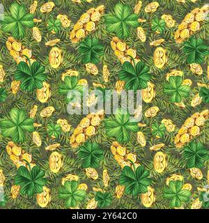 Nahtloses Muster mit grünen Tannenzweigen, Lucky Shamrock Blättern, Goldmünzen. Aquarellillustration für Neujahr, St. Patrick's Day. Vorlage für Inv Stockfoto