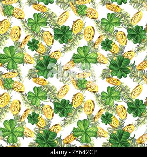 Nahtloses Muster mit grünen Tannenzweigen, Lucky Shamrock Blättern, Goldmünzen. Aquarellillustration für Neujahr, St. Patrick's Day. Vorlage für Inv Stockfoto