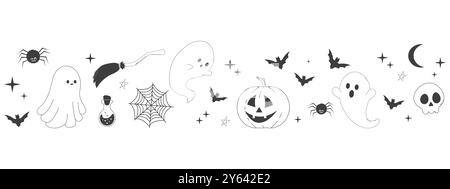 Niedliche halloween-Borte, Liniengespenst, Kürbis und Silhouette Fledermaus, Spinnenherbstdekoration, Trennrahmen. Einfache Begrüßung. Vektorabbildung Stock Vektor