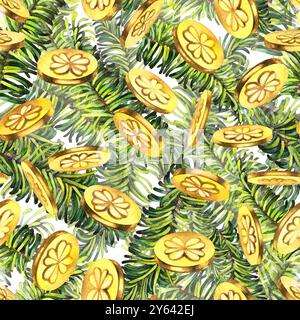 Nahtloses Muster mit grünen Tannenzweigen, Lucky Shamrock Blättern, Goldmünzen. Aquarellillustration für Neujahr, St. Patrick's Day. Vorlage für Inv Stockfoto
