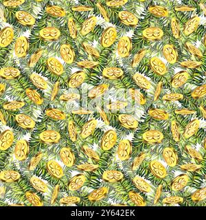 Nahtloses Muster mit grünen Tannenzweigen, Lucky Shamrock Blättern, Goldmünzen. Aquarellillustration für Neujahr, St. Patrick's Day. Vorlage für Inv Stockfoto