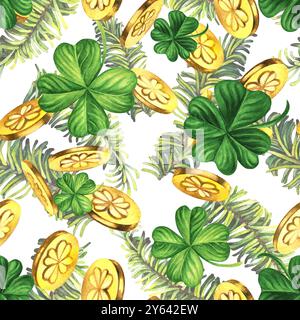 Nahtloses Muster mit grünen Tannenzweigen, Lucky Shamrock Blättern, Goldmünzen. Aquarellillustration für Neujahr, St. Patrick's Day. Vorlage für Inv Stockfoto