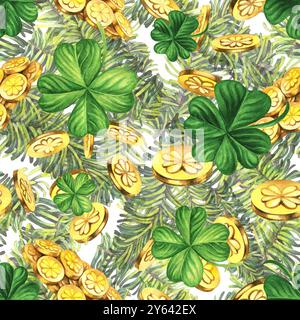 Nahtloses Muster mit grünen Tannenzweigen, Lucky Shamrock Blättern, Goldmünzen. Aquarellillustration für Neujahr, St. Patrick's Day. Vorlage für Inv Stockfoto