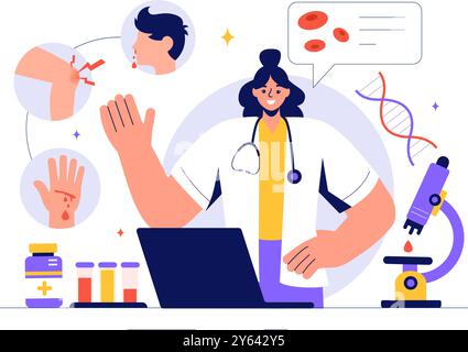 Hämophilie-Vektor-Illustration mit einem Arzt, der ein verletztes Knie oder Gelenk- und Blutstörungen in einem Healthcare Flat Style Cartoon Hintergrund untersucht Stock Vektor