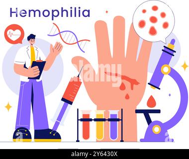 Hämophilie-Vektor-Illustration mit einem Arzt, der ein verletztes Knie oder Gelenk- und Blutstörungen in einem Healthcare Flat Style Cartoon Hintergrund untersucht Stock Vektor