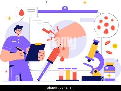Hämophilie-Vektor-Illustration mit einem Arzt, der ein verletztes Knie oder Gelenk- und Blutstörungen in einem Healthcare Flat Style Cartoon Hintergrund untersucht Stock Vektor