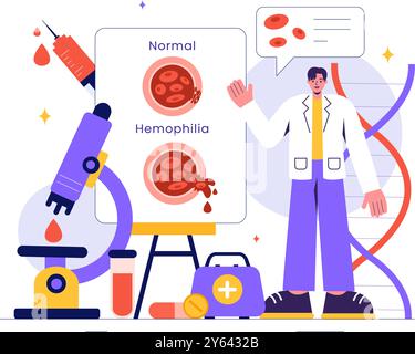 Hämophilie-Vektor-Illustration mit einem Arzt, der ein verletztes Knie oder Gelenk- und Blutstörungen in einem Healthcare Flat Style Cartoon Hintergrund untersucht Stock Vektor