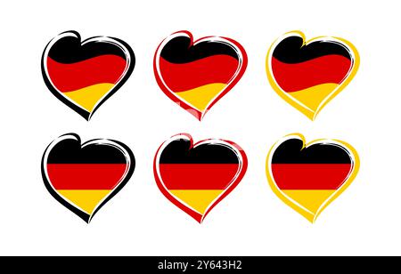 Set aus kreativen Herzen mit handgezeichneten schwarzen, roten und gelben Strichen und der Flagge Deutschlands. Clip-Art-Kollektion. Klassische und schwenkende deutsche Flagge Stock Vektor