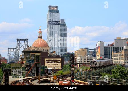 Skyline von Williamsburg in Brooklyn mit Sehenswürdigkeiten wie Williamsburg Bridge, Peter Lugers, Williamsburg Savings Bank und NYC Subway Stockfoto