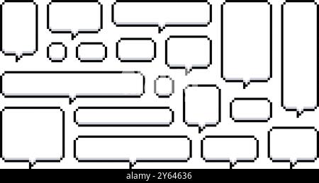 Pixel-Sprechblasen eingestellt. Pixel-Textfeld. Chat-Frames im Retro-Spiel. Nachrichten-Clouds. Bit-Dialogfelder. Sprechballon der Schnittstelle. Vektorabbildung Stock Vektor